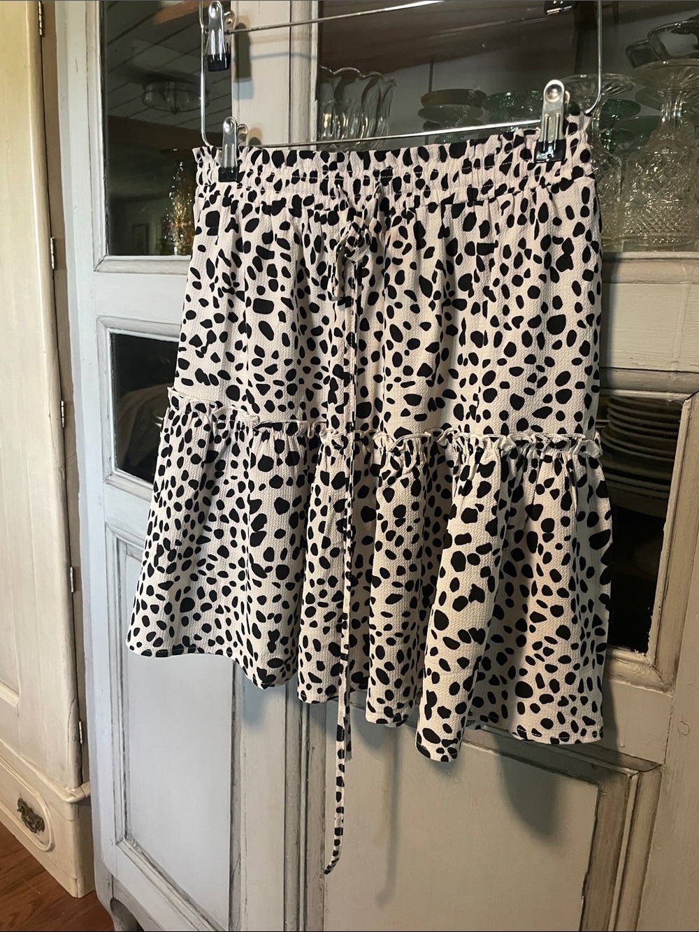 Tiered Mini Skirt in Black on Cream Dalmatian Print